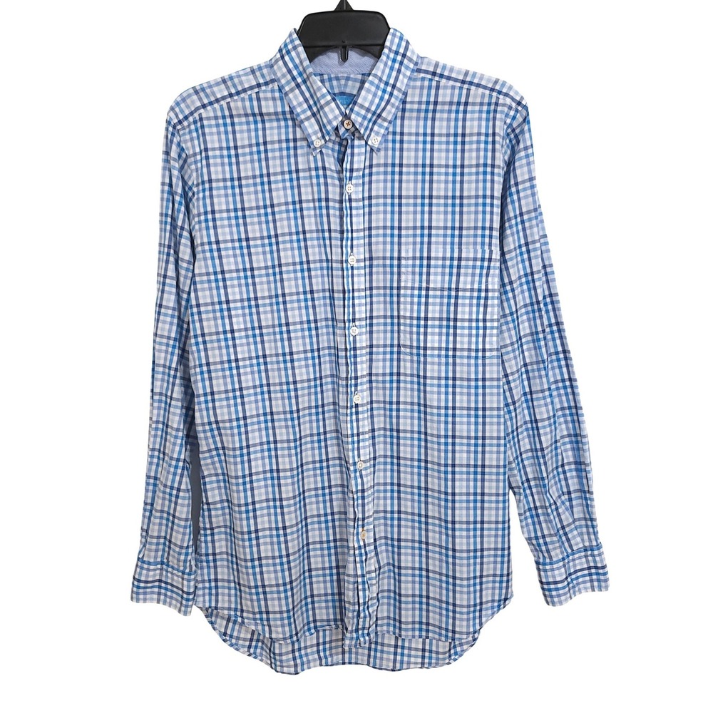 J. McLaughlin Button Down Shirt Men Small Trim Fit Blue Plaid Long Sleeve Cotton